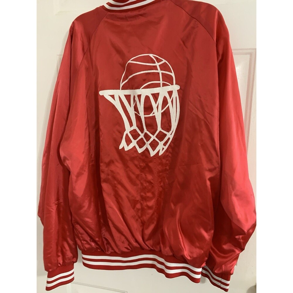 Vintage Cardinal Red Satin Bomber Jacket Mens L Basketball Logo (Flaws/Read)
